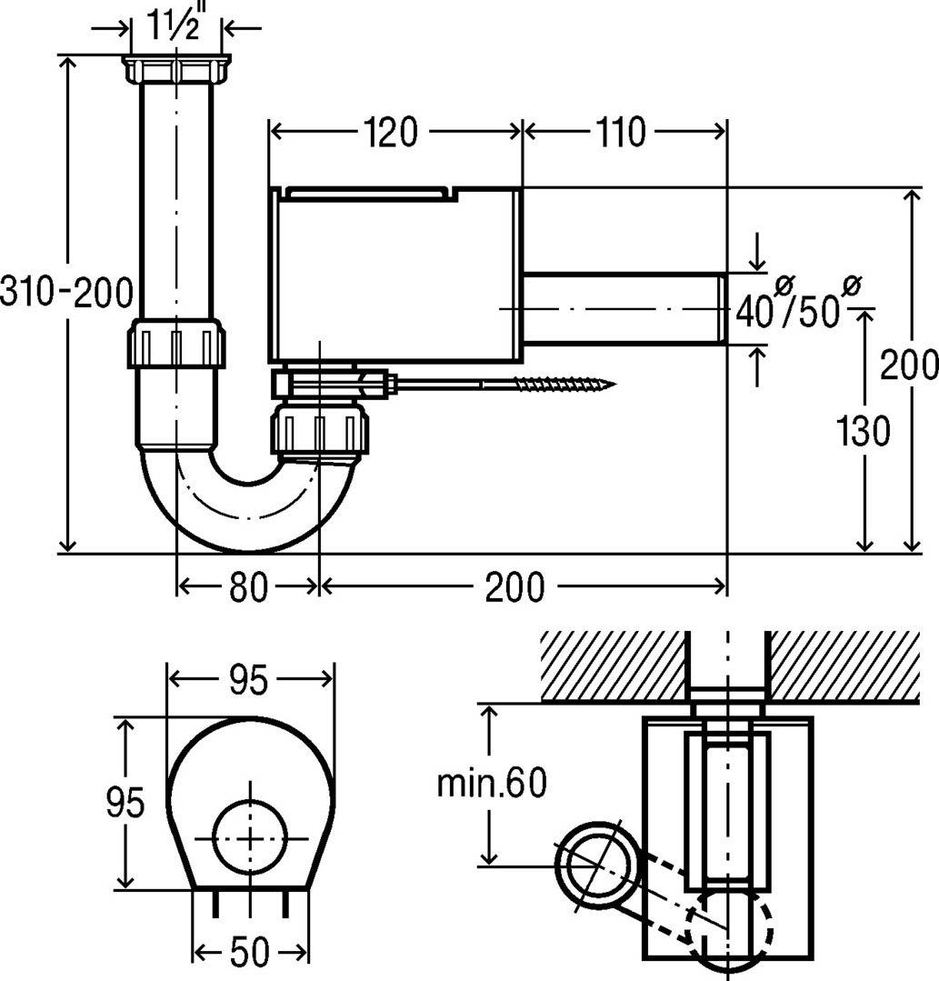 Technische Zeichnung einer Abwasser-Siphon und verbundenen Rohrleitung mit Abmessungsmessungen, einschließlich Draufsicht und Seitenansicht sowie Installationsfreiraum.