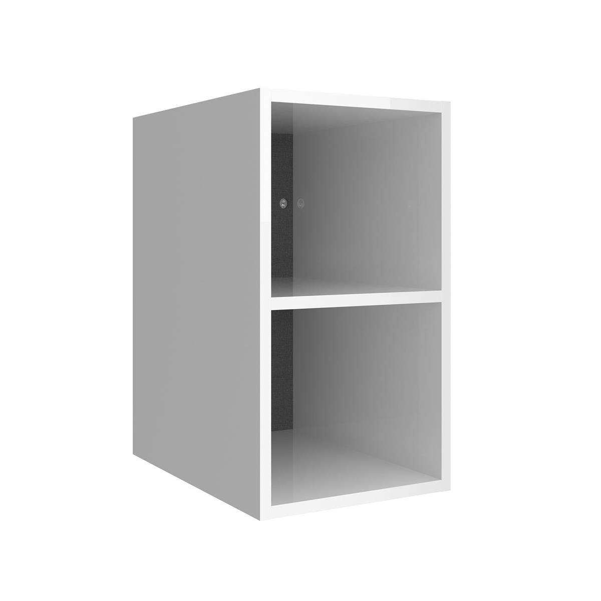 Grauer zweiteiliger Wandschrank mit offenen Ober- und Unterregalen, in Perspektive auf weißem Hintergrund dargestellt.