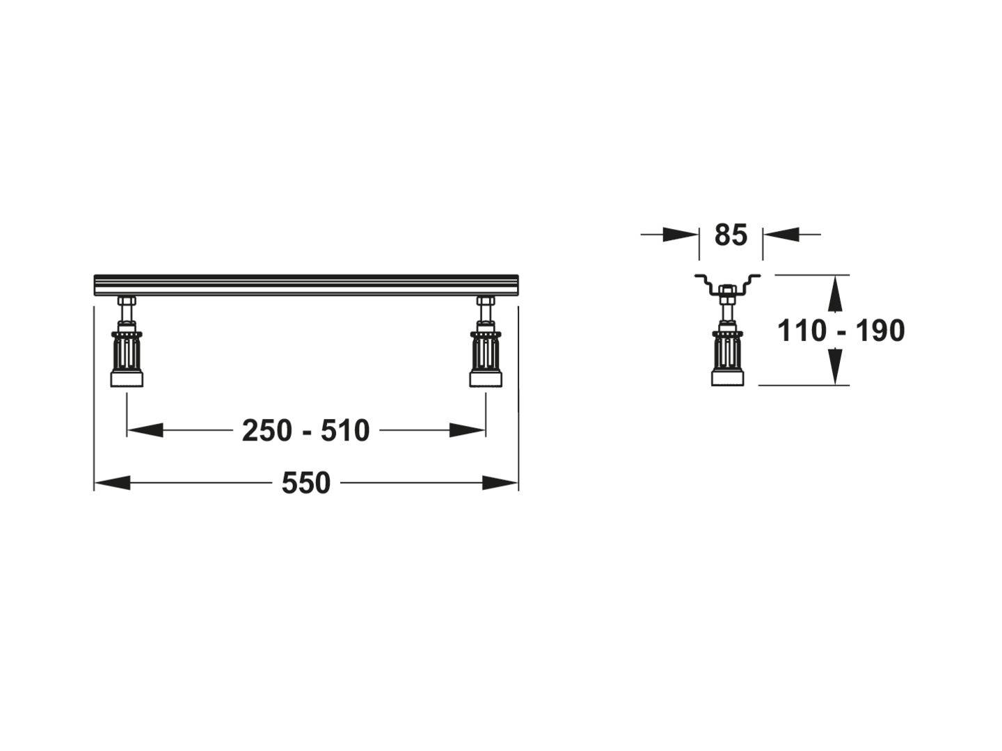 Technisches Schaltplan einer Zweilampen-Schieneinheit mit verstellbarer Breite 550 mm Gesamtbreite, 250-510 mm zwischen den Leuchten, 85 mm obere Breite und 110-190 mm Höhe.