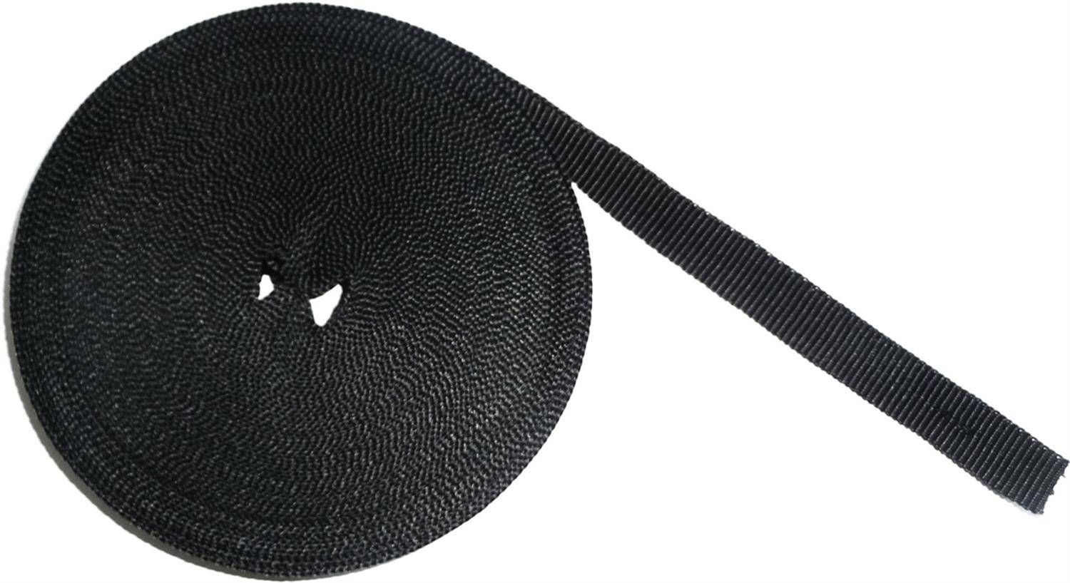 Schwarze Klettverschluss-Klebeband-Rolle mit einem losen Streifen, der sich nach rechts erstreckt.