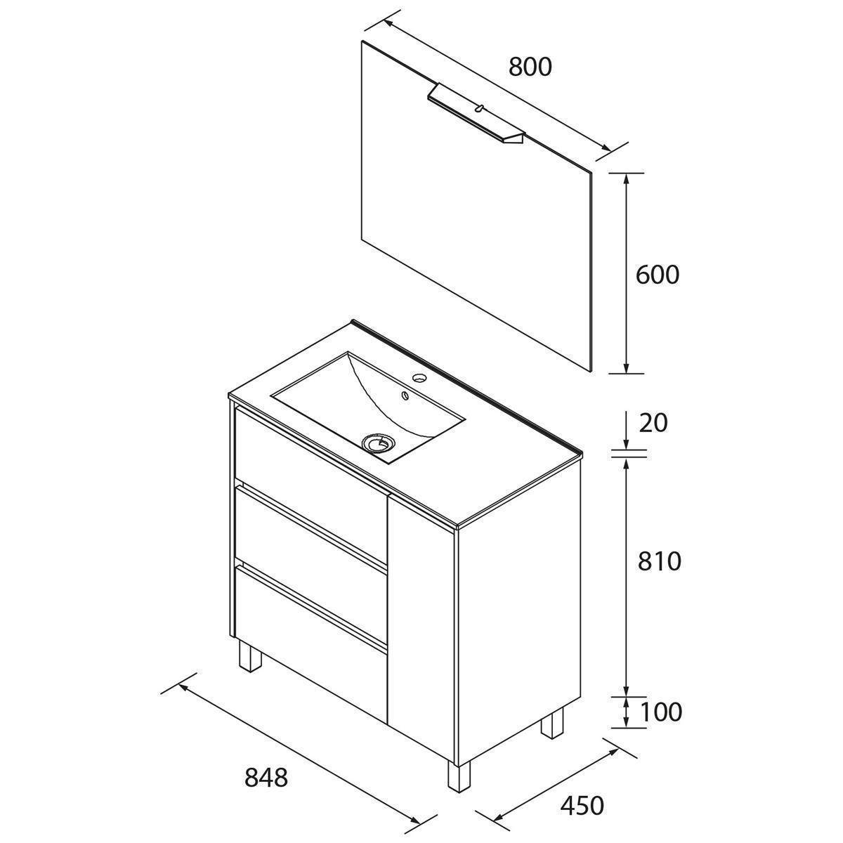 Dimensioniertes Badezimmerwaschtisch mit Waschbecken und Spiegelschrank oben, zeigt Schrankgröße 848 x 450 x 810 mm und Spiegelgröße 800 x 600 mm.