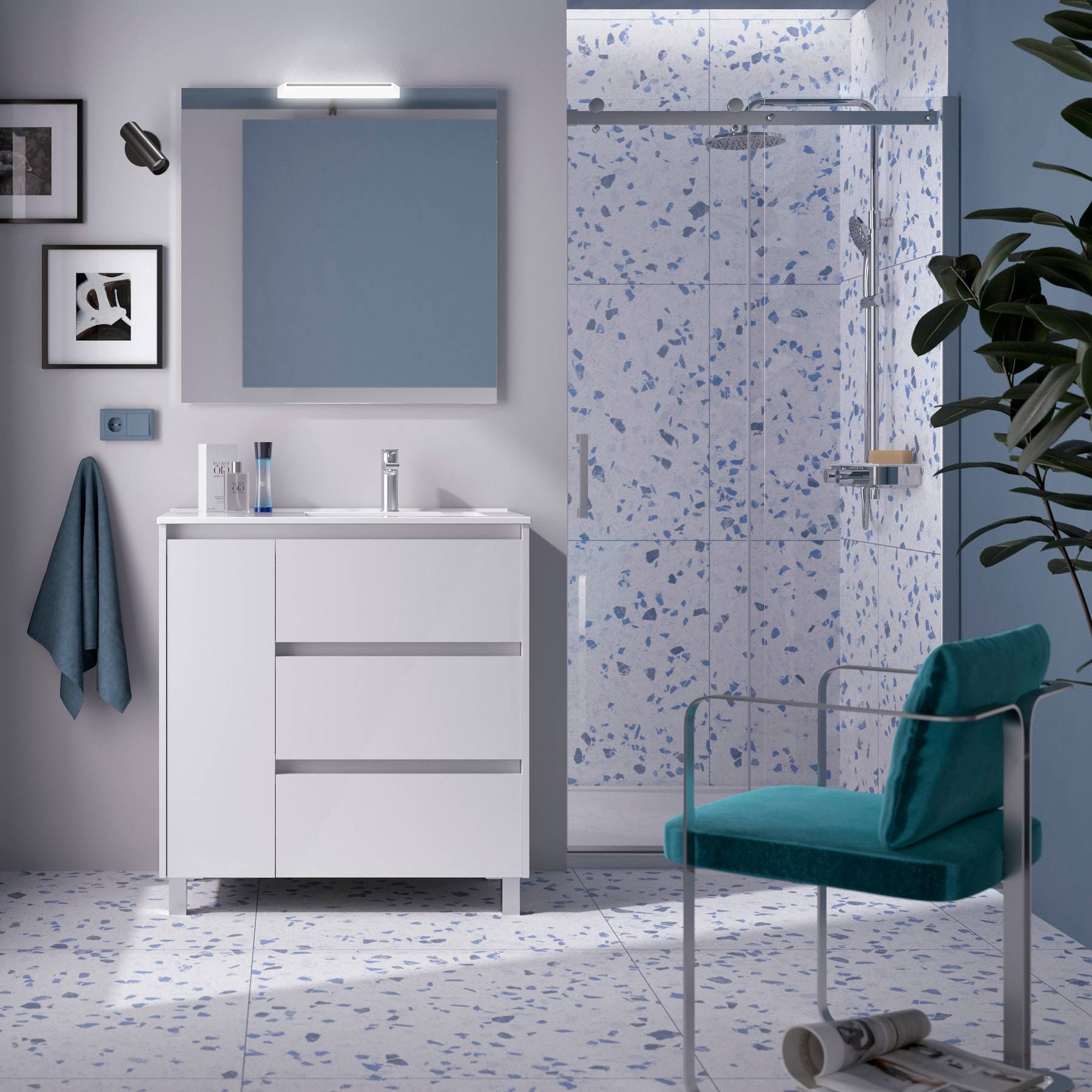 Ensemble complet Noja 850 3 tiroirs et 1 porte gauche BLANC Satin + meuble-lavabo + miroir + lampe