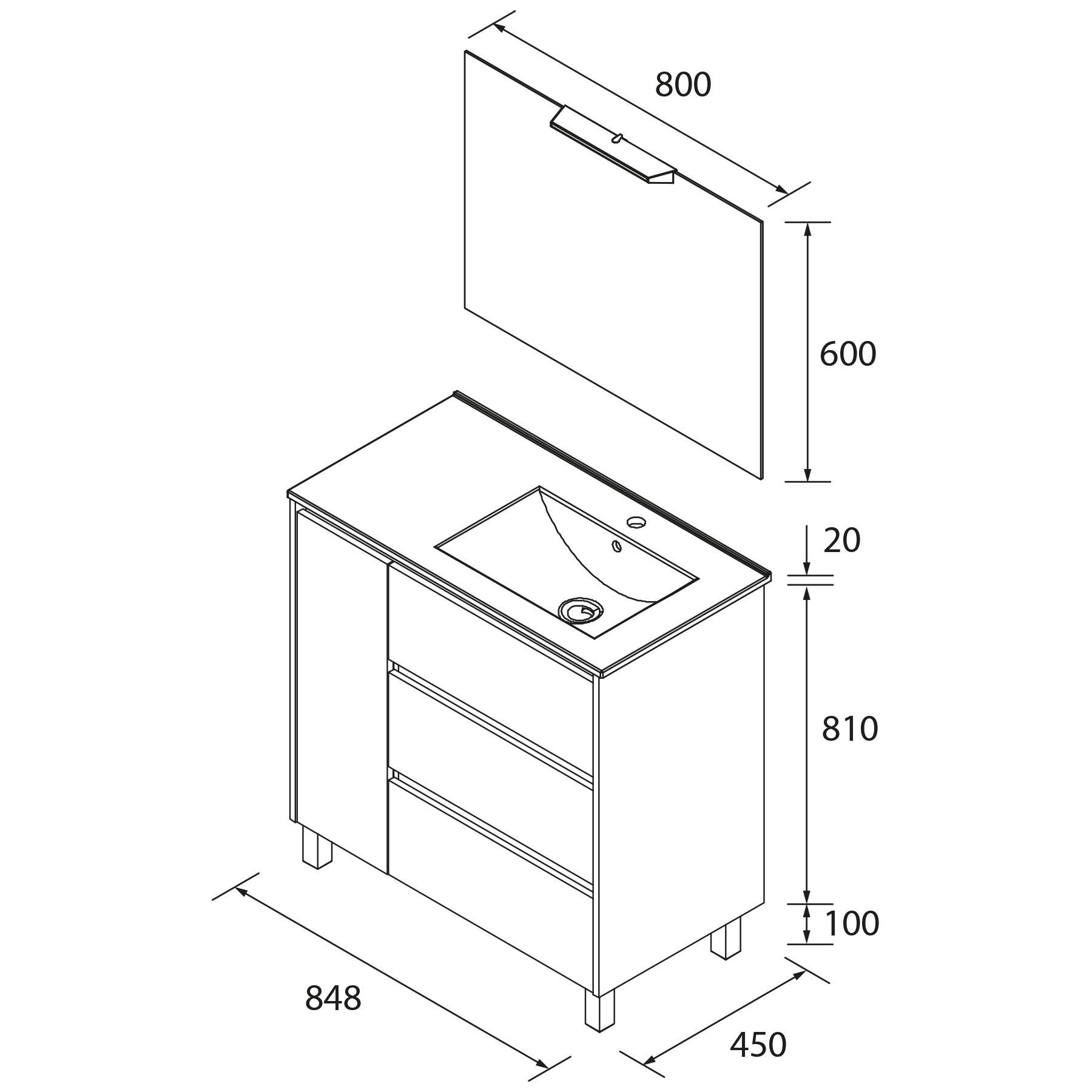 Salgar Noja Komplett-Set 850 3 Schubladen und 1 linke Tür WHITE Satin + Waschtisch + Spiegel + Leuchte