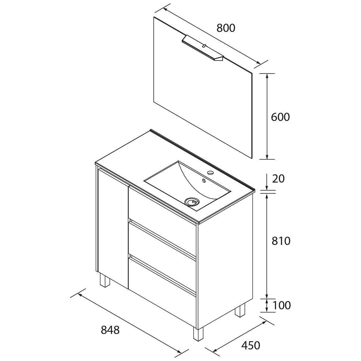 Dimensionierter Badezimmerwaschtisch mit Waschbecken und Schrank, dargestellt in isometrischer Ansicht. Gesamtgröße 848 x 450 x 910 mm; Spiegel oder Wandpaneel darüber ist 800 x 600 mm.