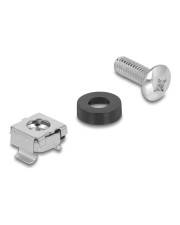 Silberne Mutternkäfig, schwarze Scheibe und silberne Schraube vor weißem Hintergrund angeordnet.