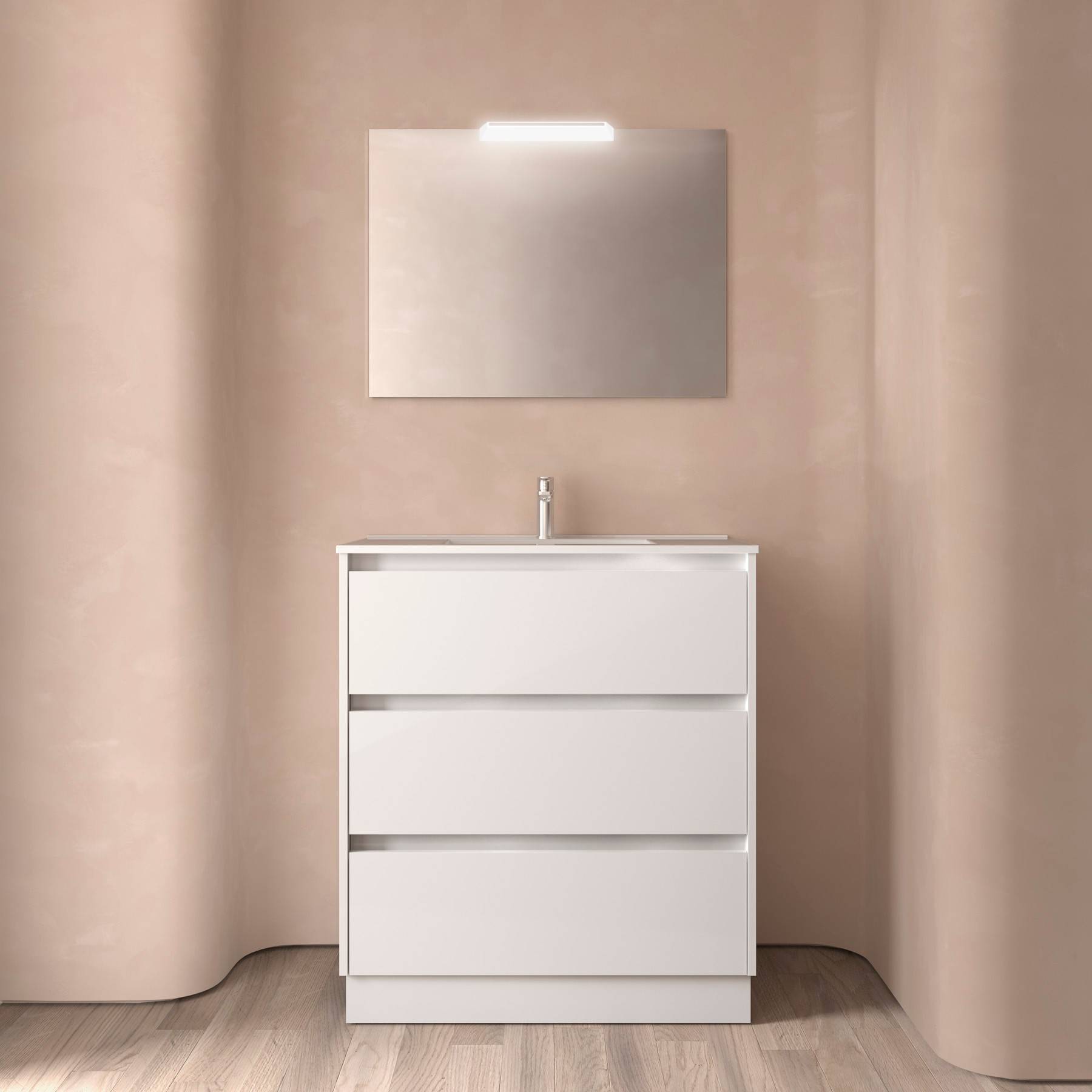 Salgar Noja Komplett-Set 800 3 Schubladen WHITE SATIN + Waschtisch + Spiegel + Leuchte