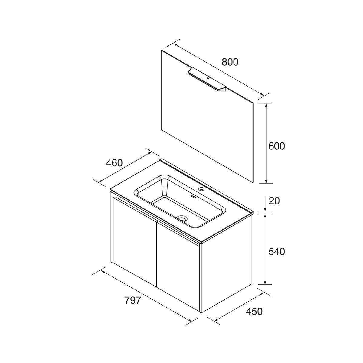 Maßstabszeichnung eines Badezimmerwaschtisches mit Spiegelbad; Schrank 797x450x540, Arbeitsplatte 460 tief, Spiegel 800x600.