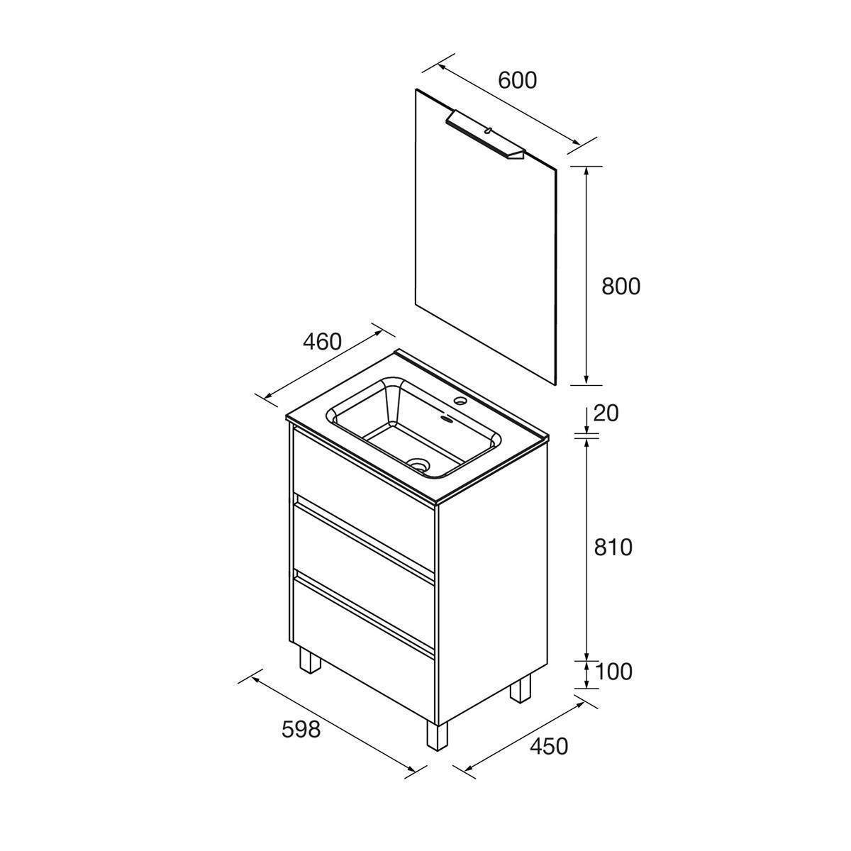Technische Zeichnung eines Badezimmerwaschtisches mit Waschbecken und Spiegel, zeigt Abmessungen: Schrank 598 x 450 x 810 mm, Spiegel 600 x 800 mm.