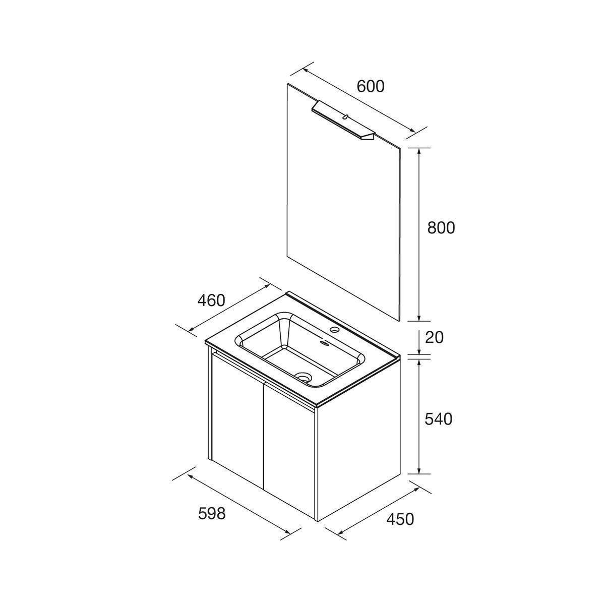 Explosionszeichnung eines Badezimmerschranks: Wandschrank 600 x 800 mm über einer Spüleneinheit 598 x 450 x 540 mm, mit 460 mm Arbeitsplattentiefe und 20 mm Abstand.