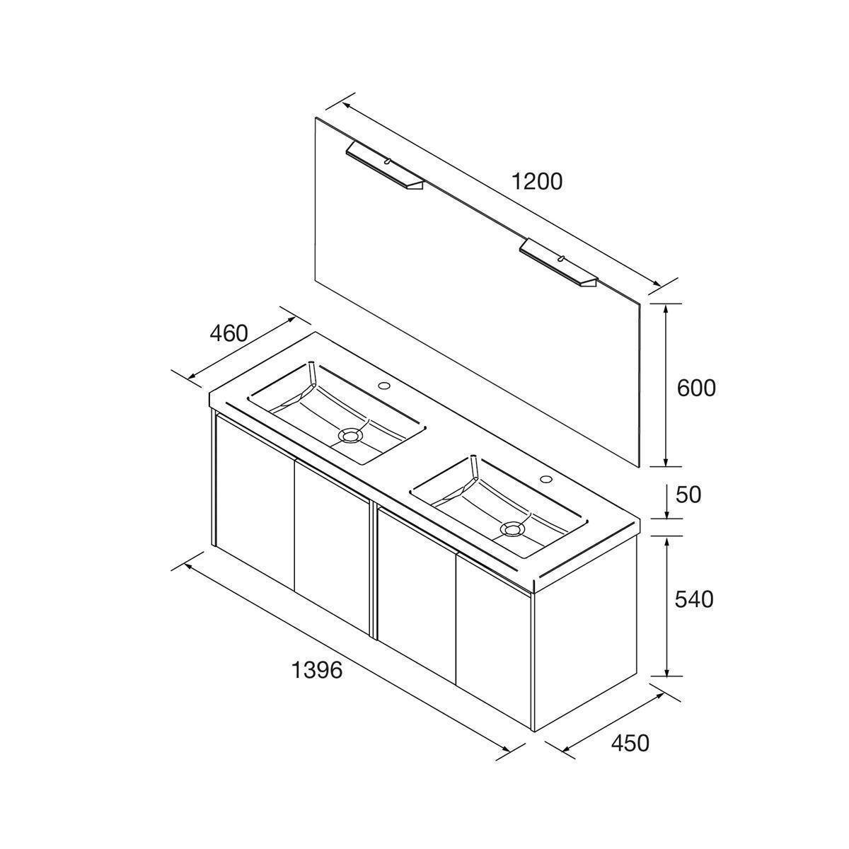 Isometrische Darstellung eines Badezimmerwaschtisches mit zwei Waschbecken und Spiegelschrank mit beschrifteten Abmessungen 1396 x 450 x 540 mm, Spiegel 1200 x 600 mm.