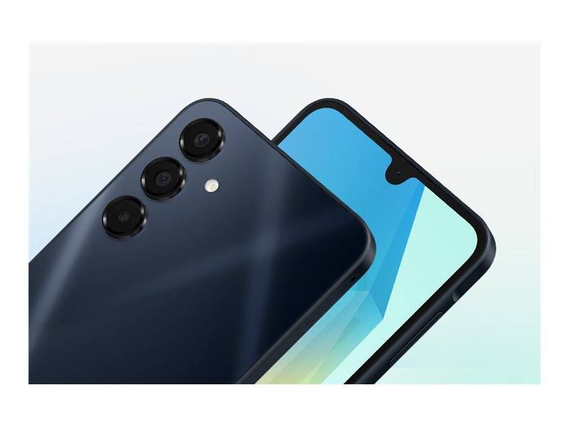 Zwei sich überlappende Smartphones, diagonal angeordnet, wobei das vordere Telefon einen blauen Bildschirm anzeigt und die dreifache Rückfahrtkamera des hinteren Telefons sichtbar ist.