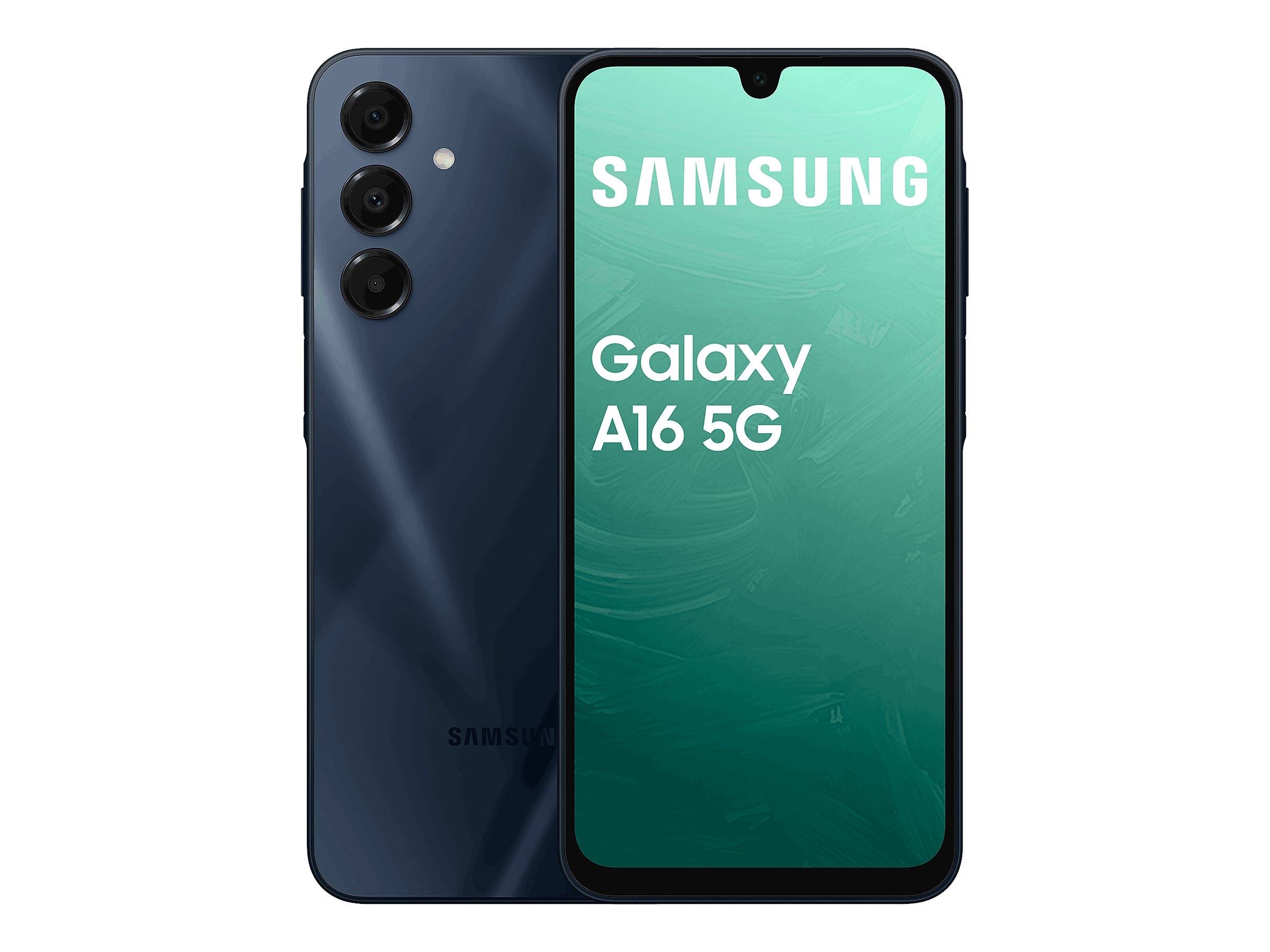 Samsung Galaxy A16 5G Smartphone von vorne und hinten gezeigt, mit türkisfarbenem Bildschirmtext und dreifacher Rückkamera auf dunkelblauem Gehäuse.