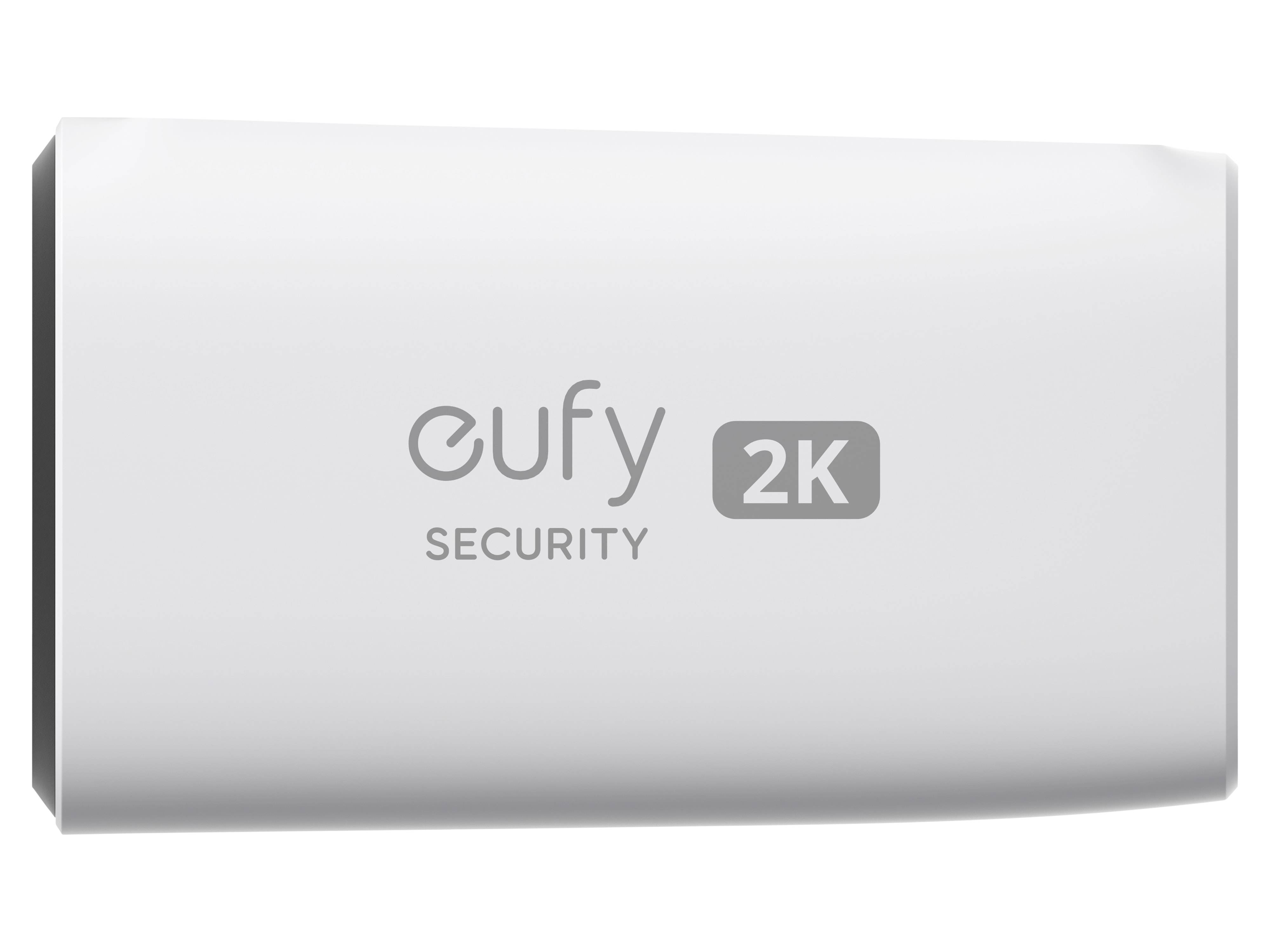 Weiße Oberfläche mit 'eufy SECURITY 2K' Schriftzug, der ein Sicherheitsgerät mit 2K-Auflösung anzeigt.