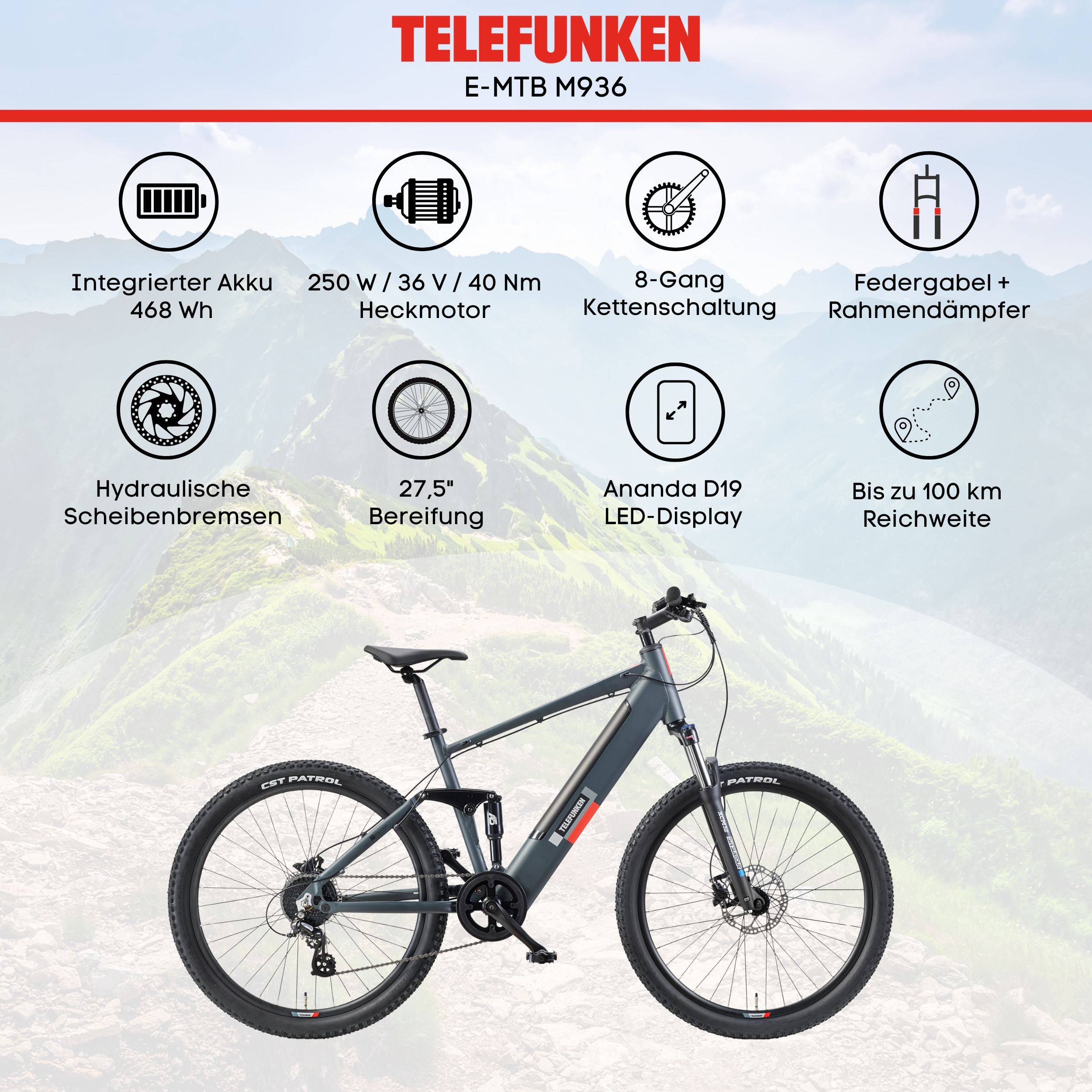 Telefunken E-Bike M936 27,5 Zoll mit 8 Gang Shimano Kettenschaltung - Hinterradmotor 250W / 40Nm - 13Ah / 36V Li-Ion Akku