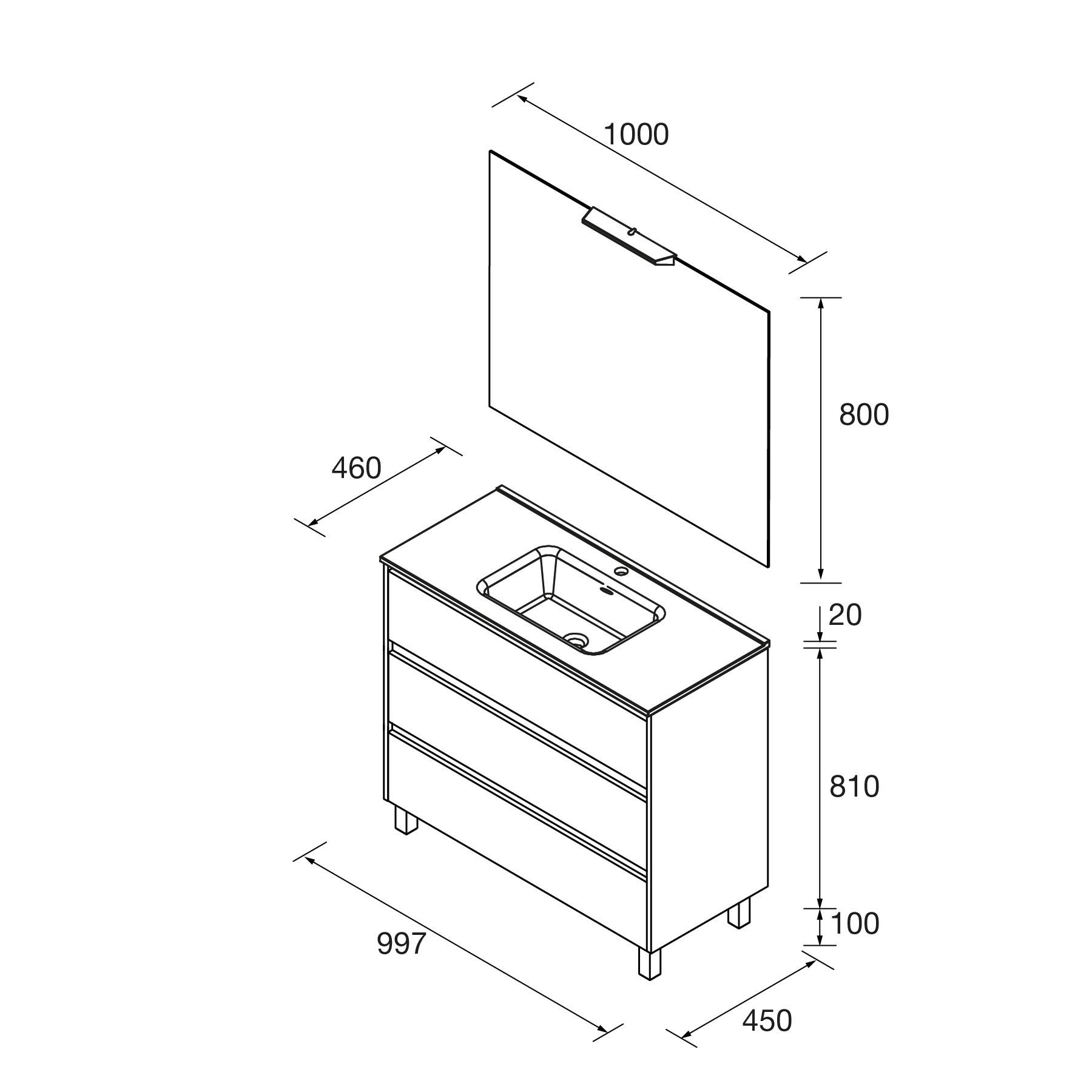 Salgar Noja Komplett-Set 1000 3 Schubladen EICHE AFRIKA + Waschtisch + Spiegel + Leuchte