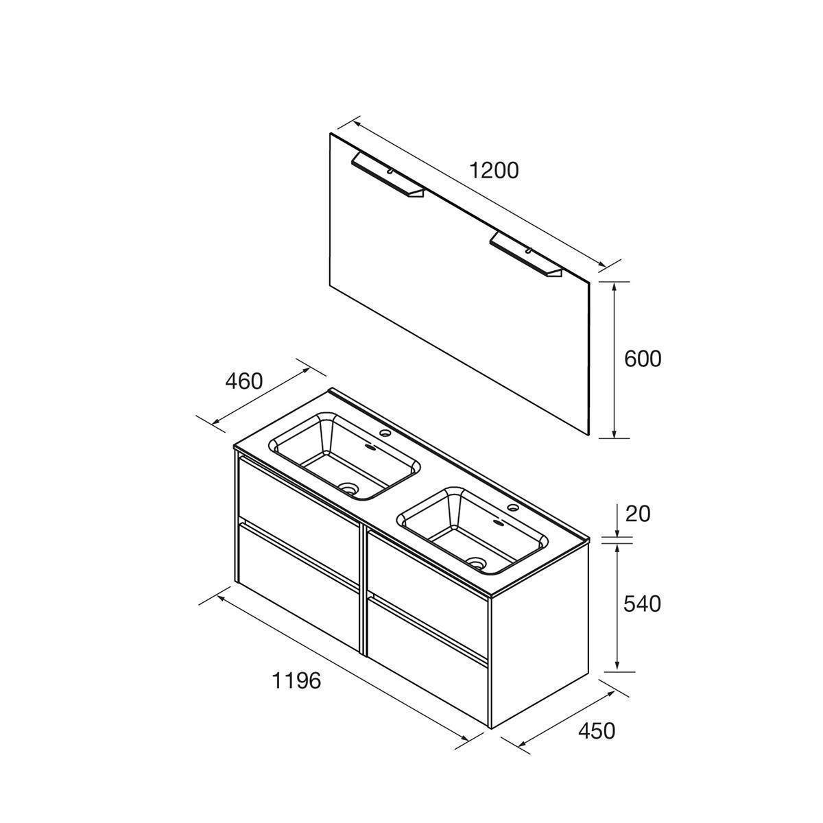 Explodierte Badezimmer-Waschtisch-Diagramm mit einem 1200 x 600 Spiegelschrank über einem 1196 x 450 x 540 Doppelwaschbecken-Waschtisch, mit 460 Tiefe und 20 Oberflächenstärke-Maßen.