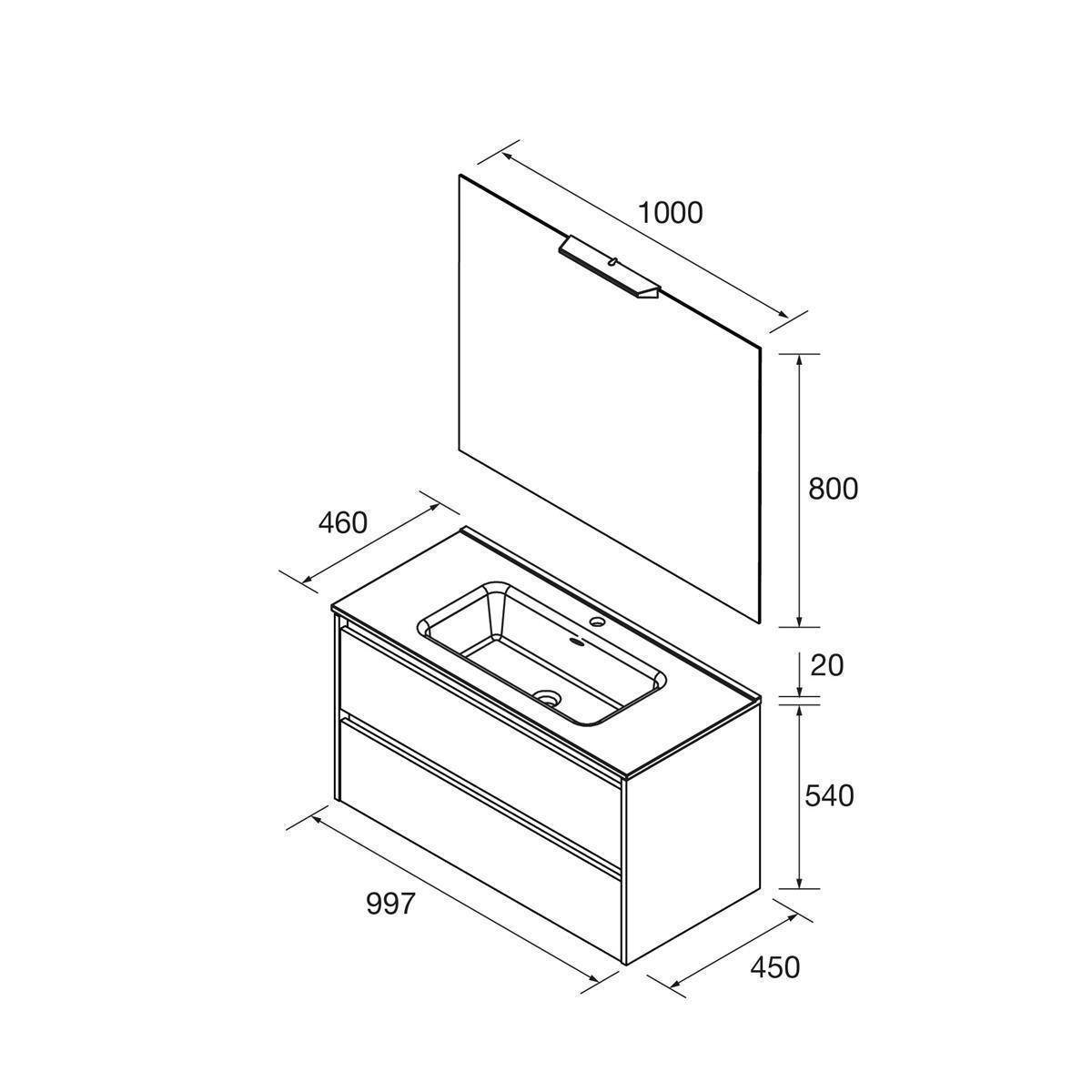 Zerlegtes Badezimmerwaschbecken-Diagramm mit Wandschrank und Waschbecken-Unterschrank mit Abmessungen: Schrank 997x450x540, Spiegel 1000x800, Arbeitsplatte Tiefe 460, Höhe 20.