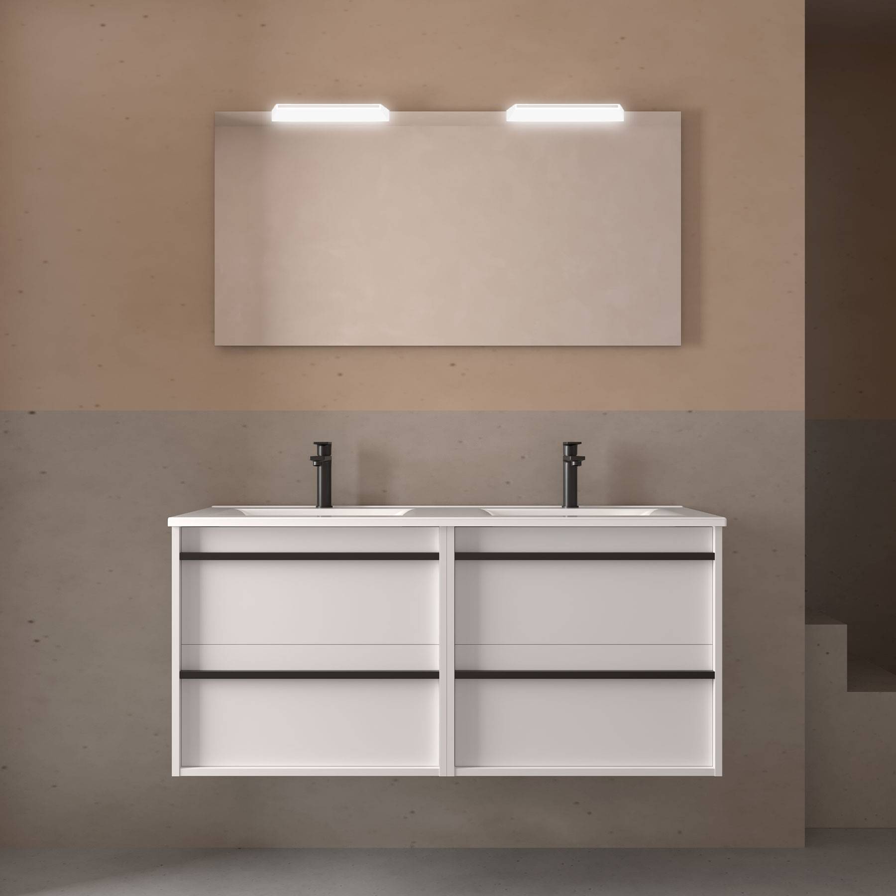 Komplett-Set ATTILA 1200 4 Schubladen WHITE SATIN + Waschtisch + Spiegel + Leuchte
