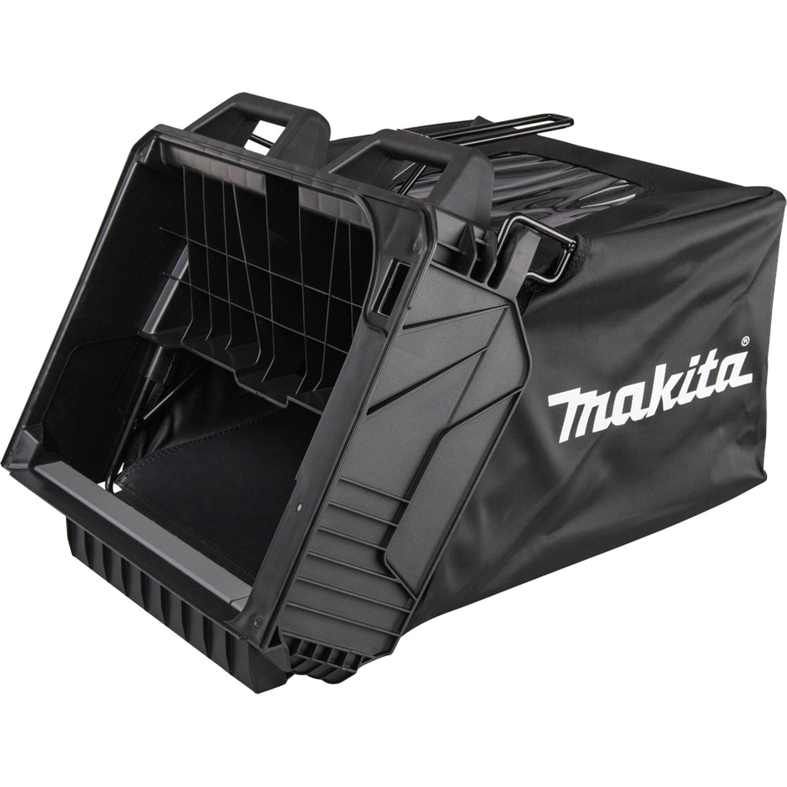 Schwarzer Makita Grasfangbehälter, entwickelt für einen Rasenmäher, mit einem robusten Kunststoffrahmen und einem Stoffbeutel mit dem 'Makita' Logo.