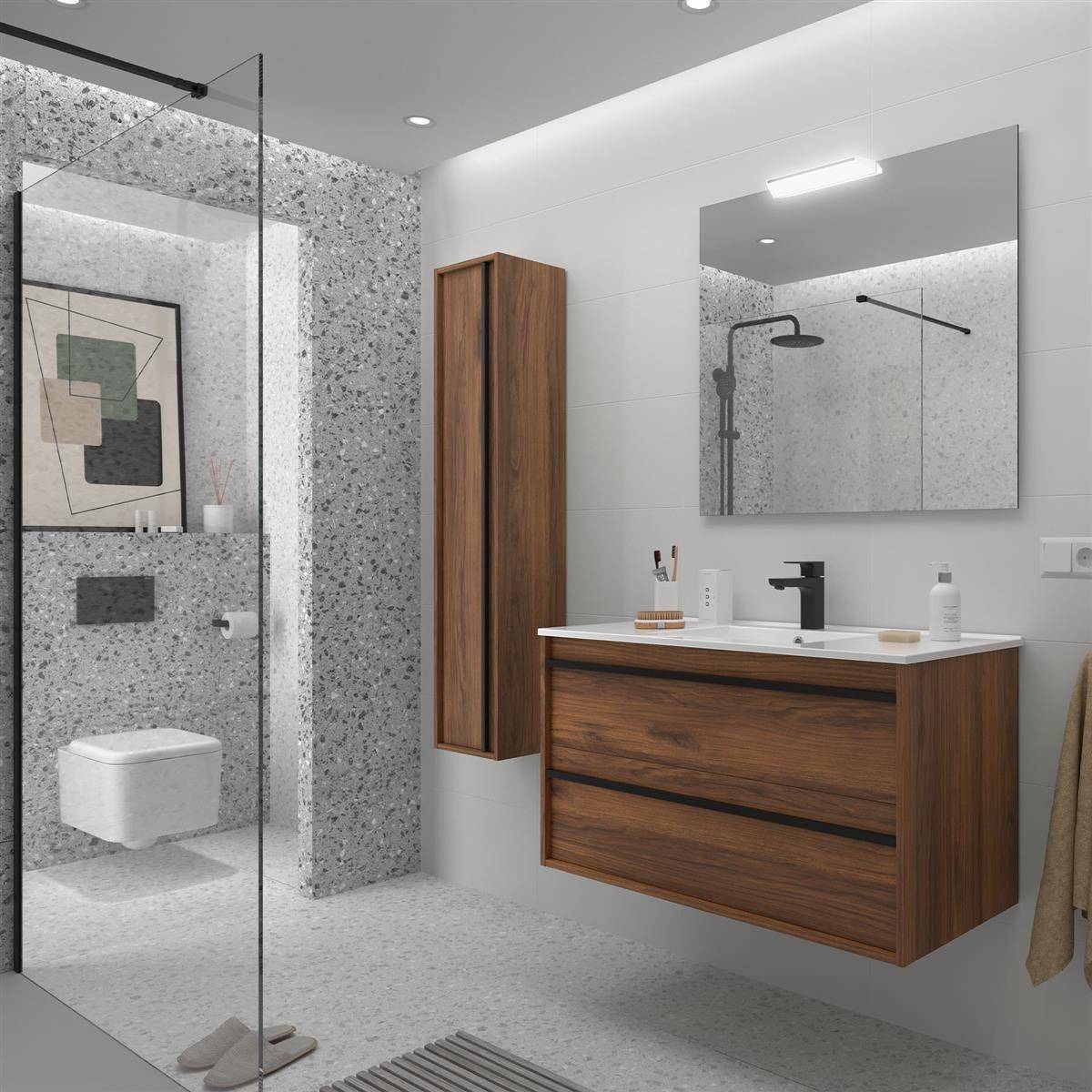 Modernes Badezimmer mit schwebendem Holzwaschtisch, Spiegel, wandmontierter Toilette, Glasdusche und Terrazzo-Stil-Fliesen.