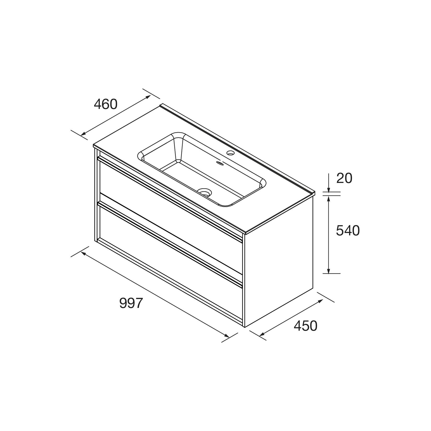 Salgar Möbel + Waschbecken ATTILA 1000 2 Schubladen NUSSBAUM MAYA