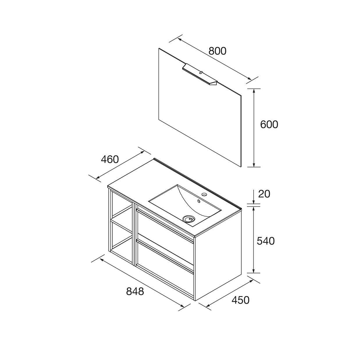 Badezimmerwaschtisch mit Wandschrank und Waschbecken, mit Gesamtabmessungen: Schrank 848 x 450 x 540 und Wandeinheit 800 x 600 x 20.