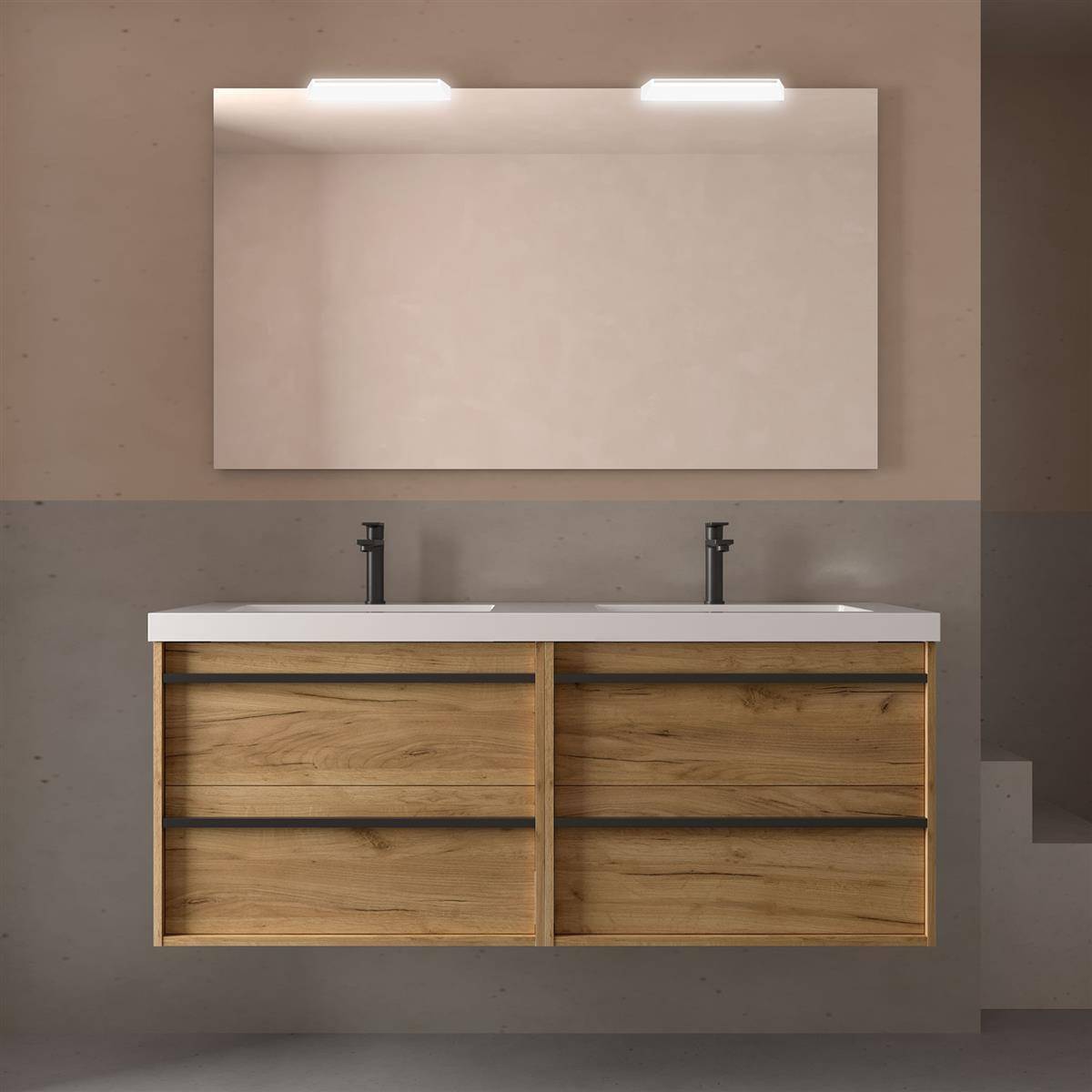 Modernes Doppelwaschbecken-Badezimmermöbel mit Holzschrank, weißer Arbeitsplatte, wandmontiertem Spiegel und zwei Leuchten darüber.