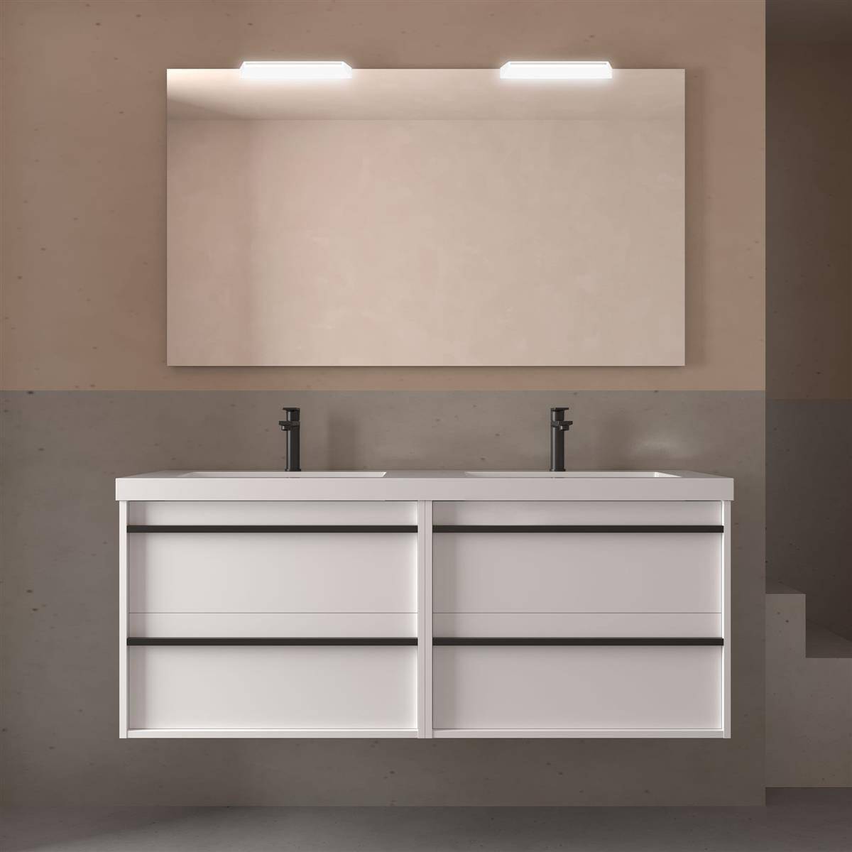 Modernes Badezimmer-Waschtischset mit Doppelwaschbecken, großem beleuchteten Spiegel und minimalistischem weißem Schrank vor einer neutralen Wand.
