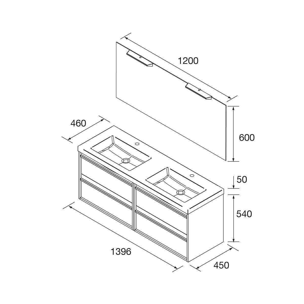 Technische Zeichnung eines Badezimmerschranks mit Doppelwaschbecken und Spiegel. Schrank misst 1396 x 450 x 540 mm; Spiegel ist 1200 x 600 mm.