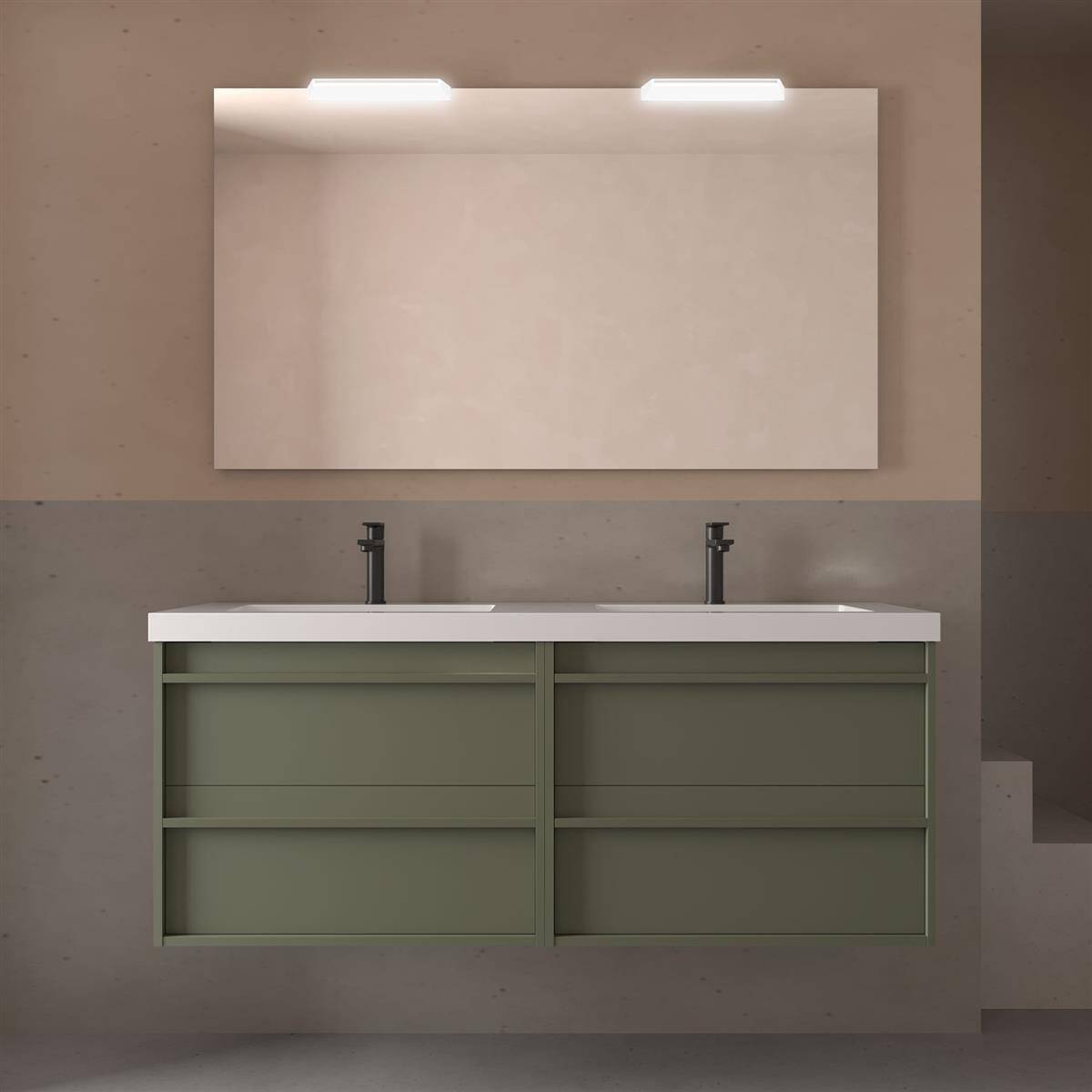 Modernes Badezimmerwaschtisch mit Doppelwaschbecken, schwarzen Armaturen und einem großen beleuchteten Spiegel an einer neutralen Wand.