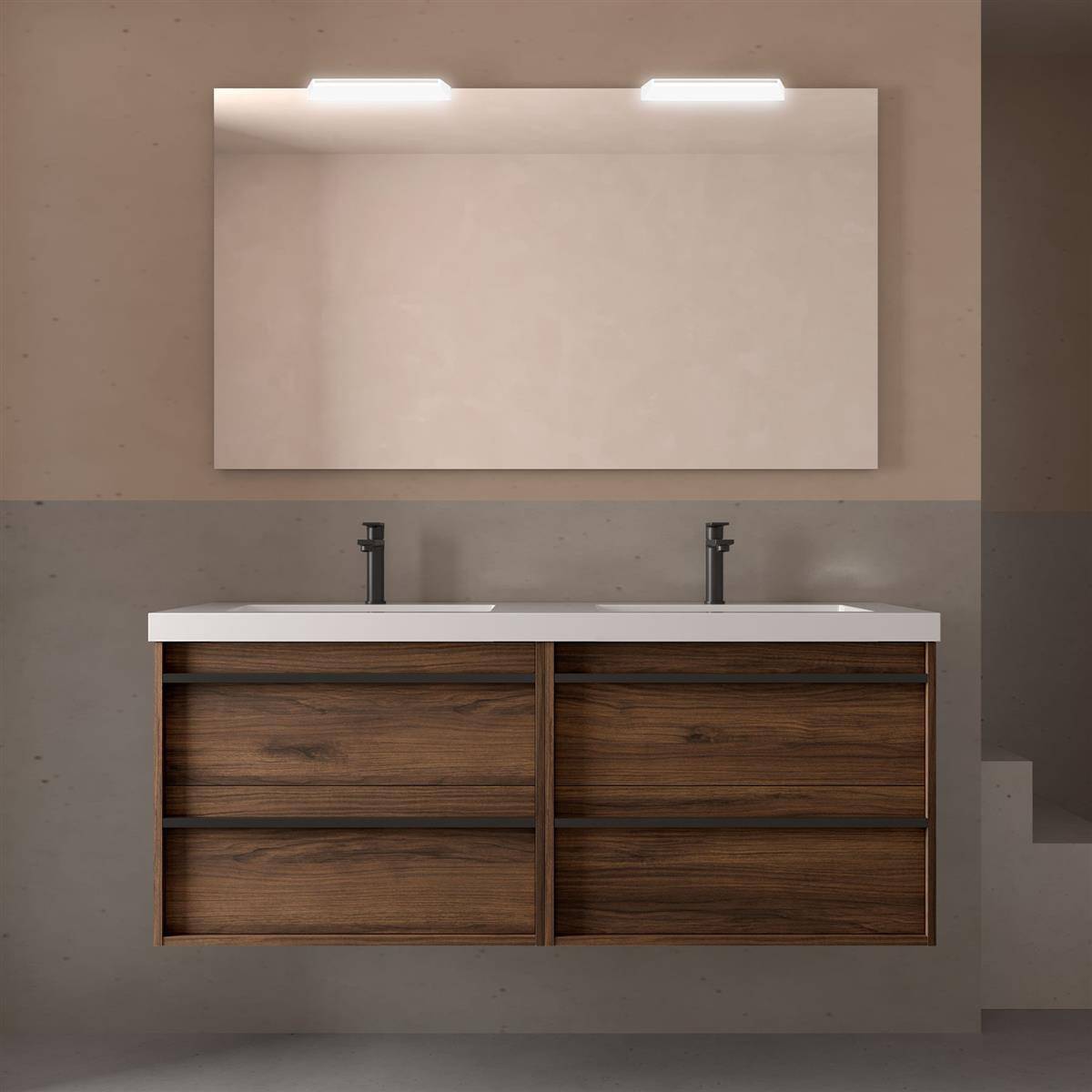 Modernes Badezimmerelement mit Doppelwaschbecken, Holzschrank und großem beleuchteten Spiegel an einer beigen Wand.