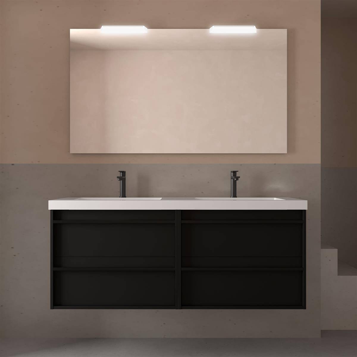 Modernes Badezimmer-Doppelwaschbecken mit schwarzem Schrank, weißer Arbeitsplatte, Zwillingsbatterien und beleuchtetem rechteckigen Spiegel vor einer beigen Wand.