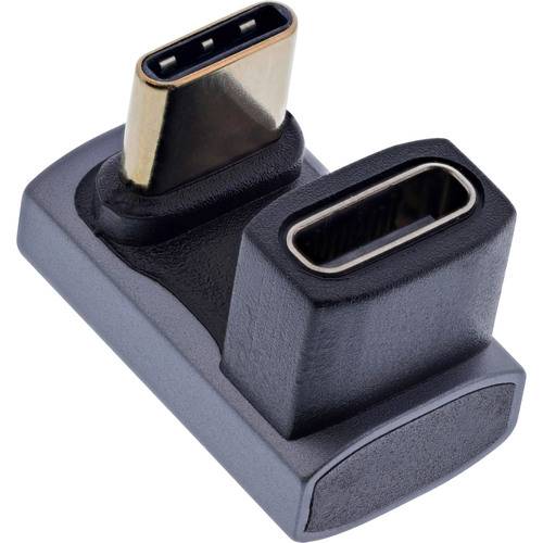 Ein USB-C Stecker auf USB-C Buchse Winkeladapter, entwickelt zum Anschluss von Kabeln in beengten Räumen, mit kompakter und robuster Konstruktion.