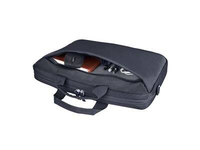 Eine offene schwarze Laptop-Tasche mit Fächern enthält einen Laptop, ein Notizbuch, Stifte und Kabel und zeigt ihre organisierten Lagerfunktionen.