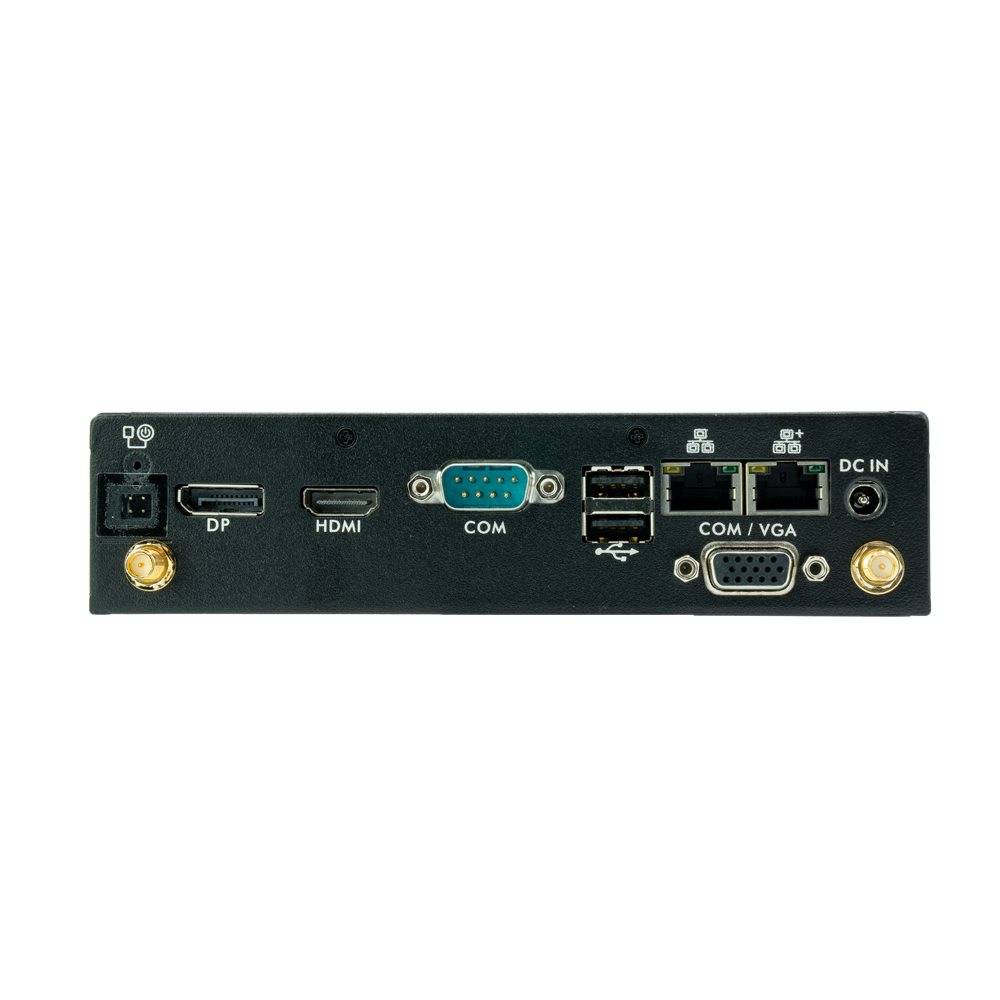 Rückseite eines Computers mit verschiedenen Anschlüssen: DisplayPort, HDMI, COM, USB, VGA und Gleichstrom-Netzteilanschluss.