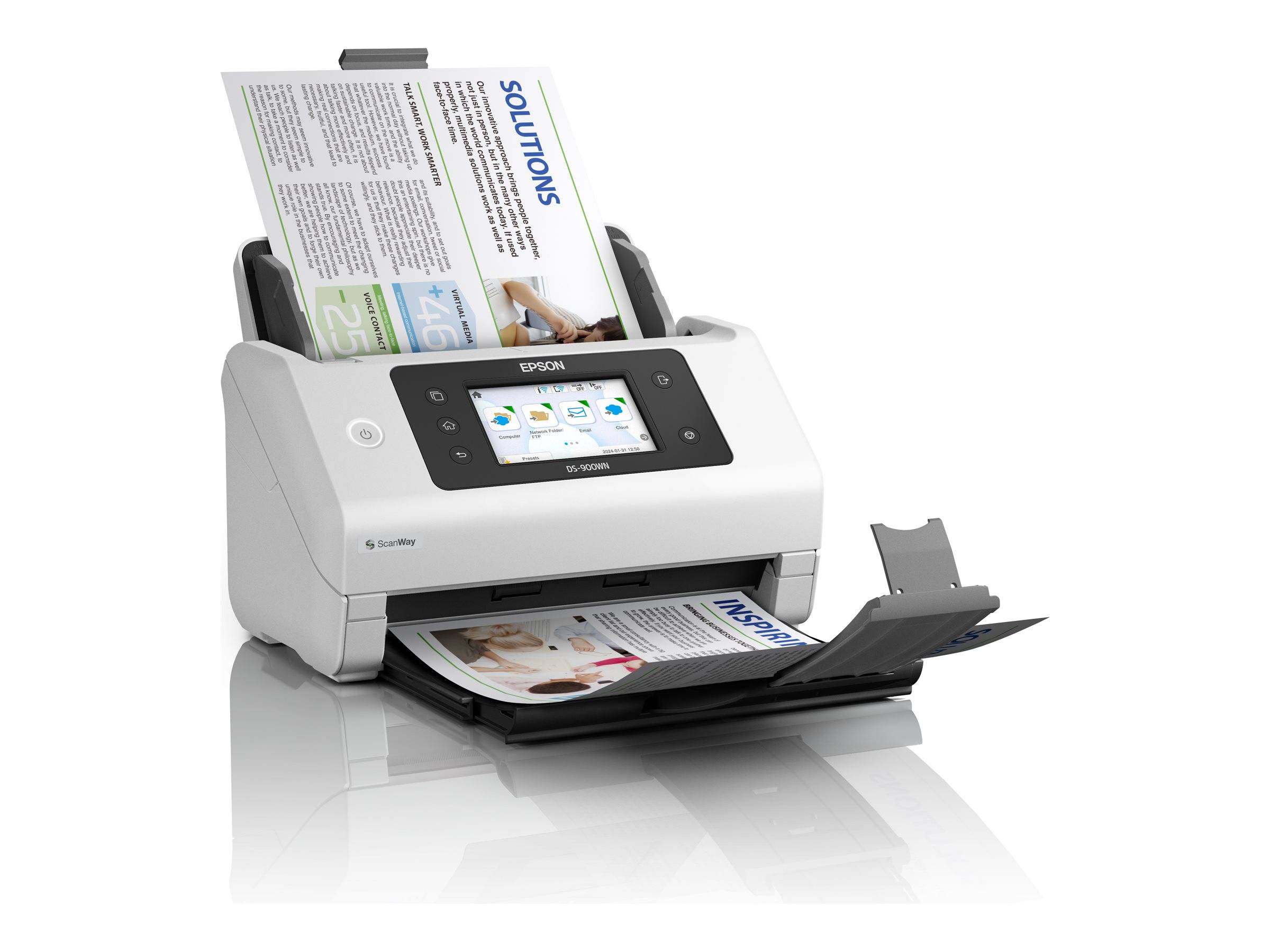 Ein weißer Epson-Scanner scannt ein farbiges Dokument, während ein weiteres Dokument im Einzug liegt. Die Anzeige zeigt den Scanstatus.