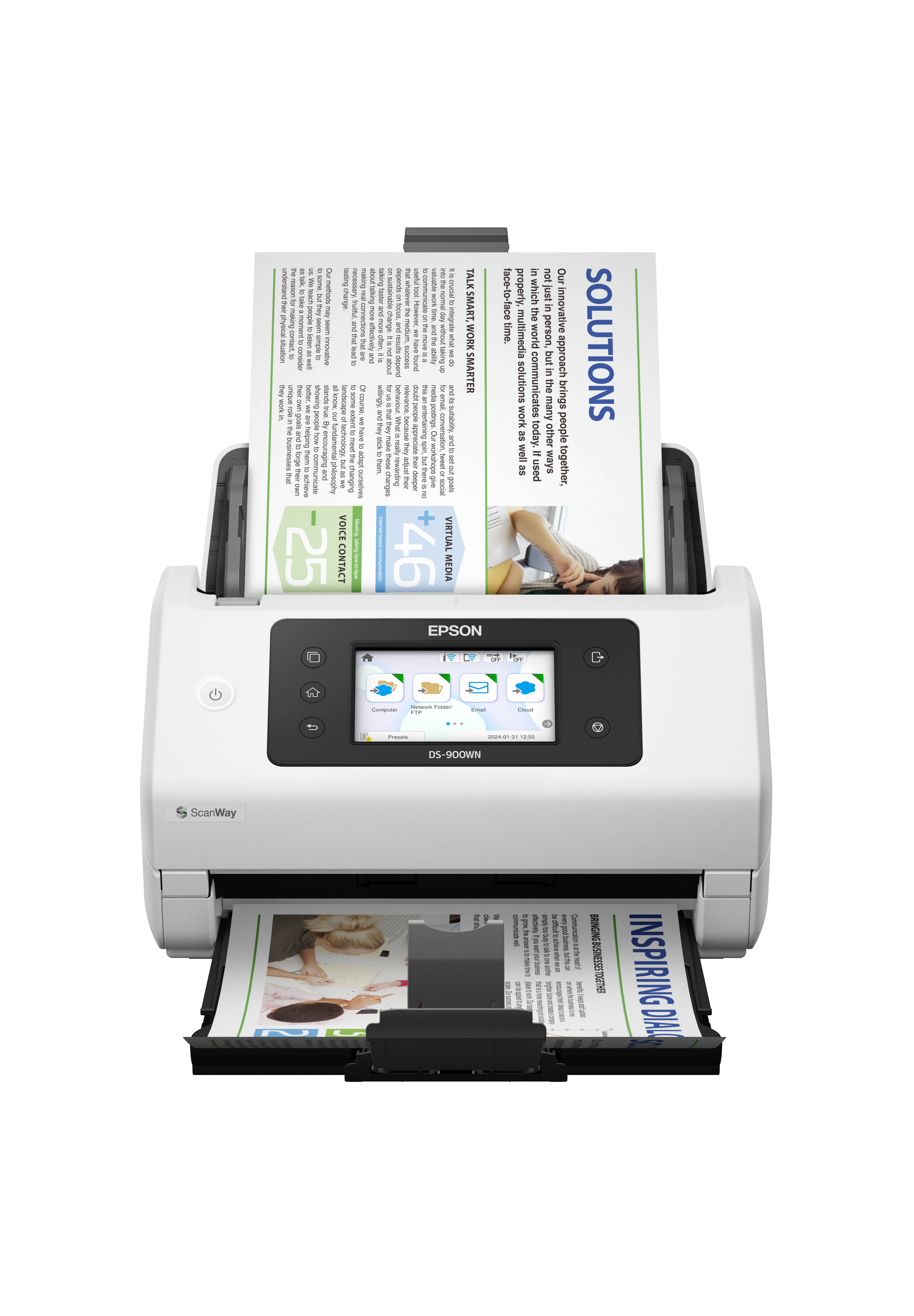Weißer Epson ScanSmart Dokumentenscanner, der eine „SOLUTIONS