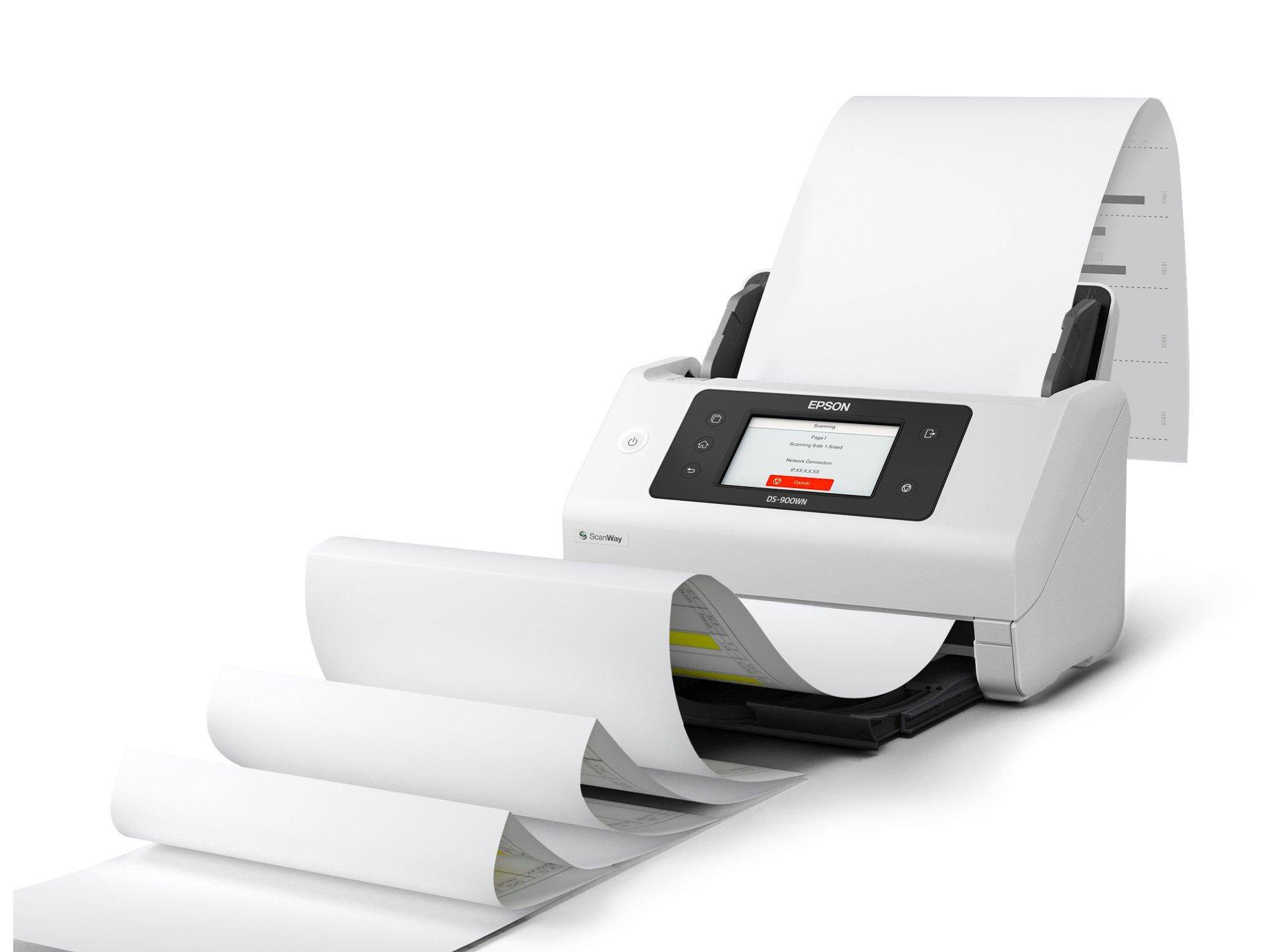 Ein Epson-Dokumentenscanner mit Papiereinzug, einem Touchscreen-Bedienfeld und ausgegebene Seiten, die sich in das Ausgabefach einrollen.