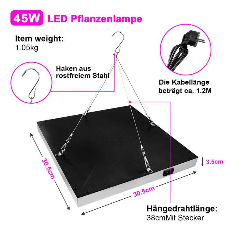 45W LED Pflanzenlampe, 225PCS LEDs Grow Lampe, 4050LM Vollspektrum LED Grow Lampe, Grow Light Wachstumslampen fur Zimmerpflanzen, Gemüse, Blume,