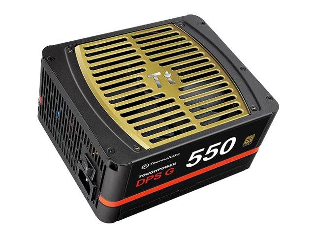 Schwarzes und goldenes Thermaltake Toughpower DPS G 550 Netzteil mit belüfteter oberer Blende und seitlichem Logo-Text.