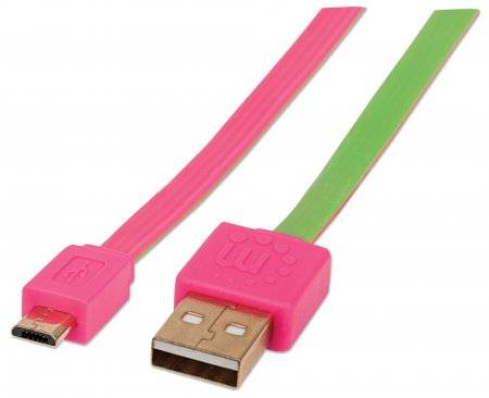 Zwei farbenfrohe USB-Kabel: ein rosa Micro-USB-Stecker und ein Standard-USB-A-Stecker mit grünem Kabel, gezeigt auf weißem Hintergrund.