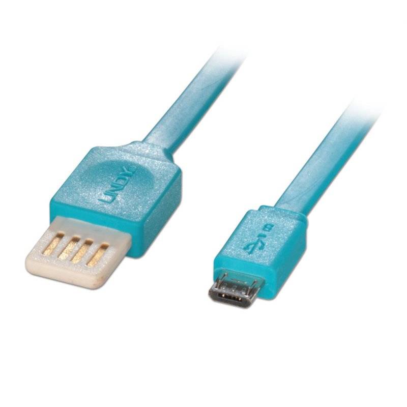 USB 2.0 Reversible Flachband Kabel 1m, blau Typ A / Micro-B