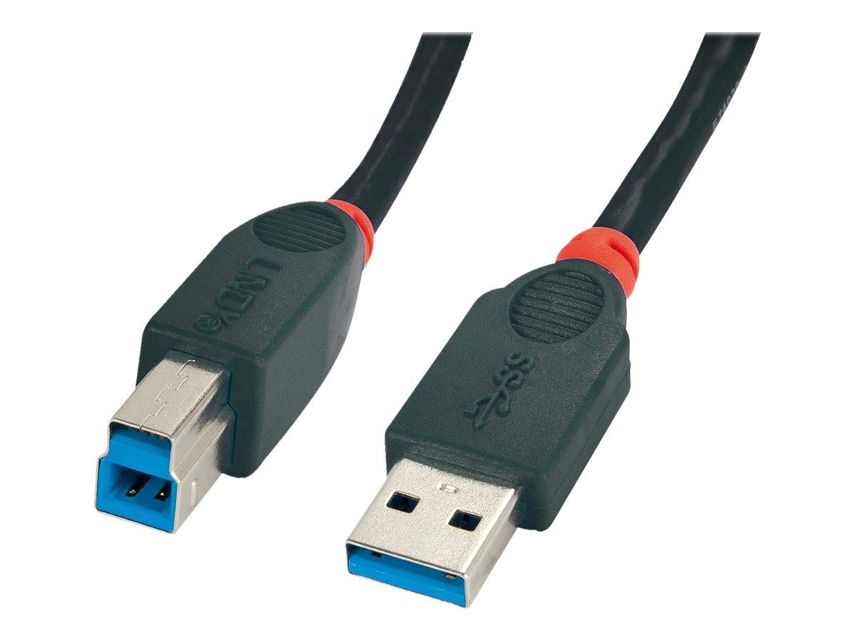 USB 3.0-Kabel mit Type-A- und Type-B-Anschlüssen, dargestellt auf weißem Hintergrund.