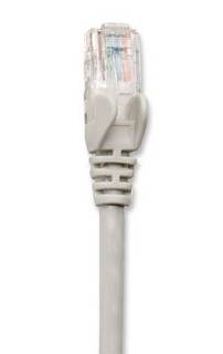Nahaufnahme eines weißen Ethernet-Kabelsteckers mit transparentem RJ45-Stecker, vertikal auf einfachem Hintergrund dargestellt.