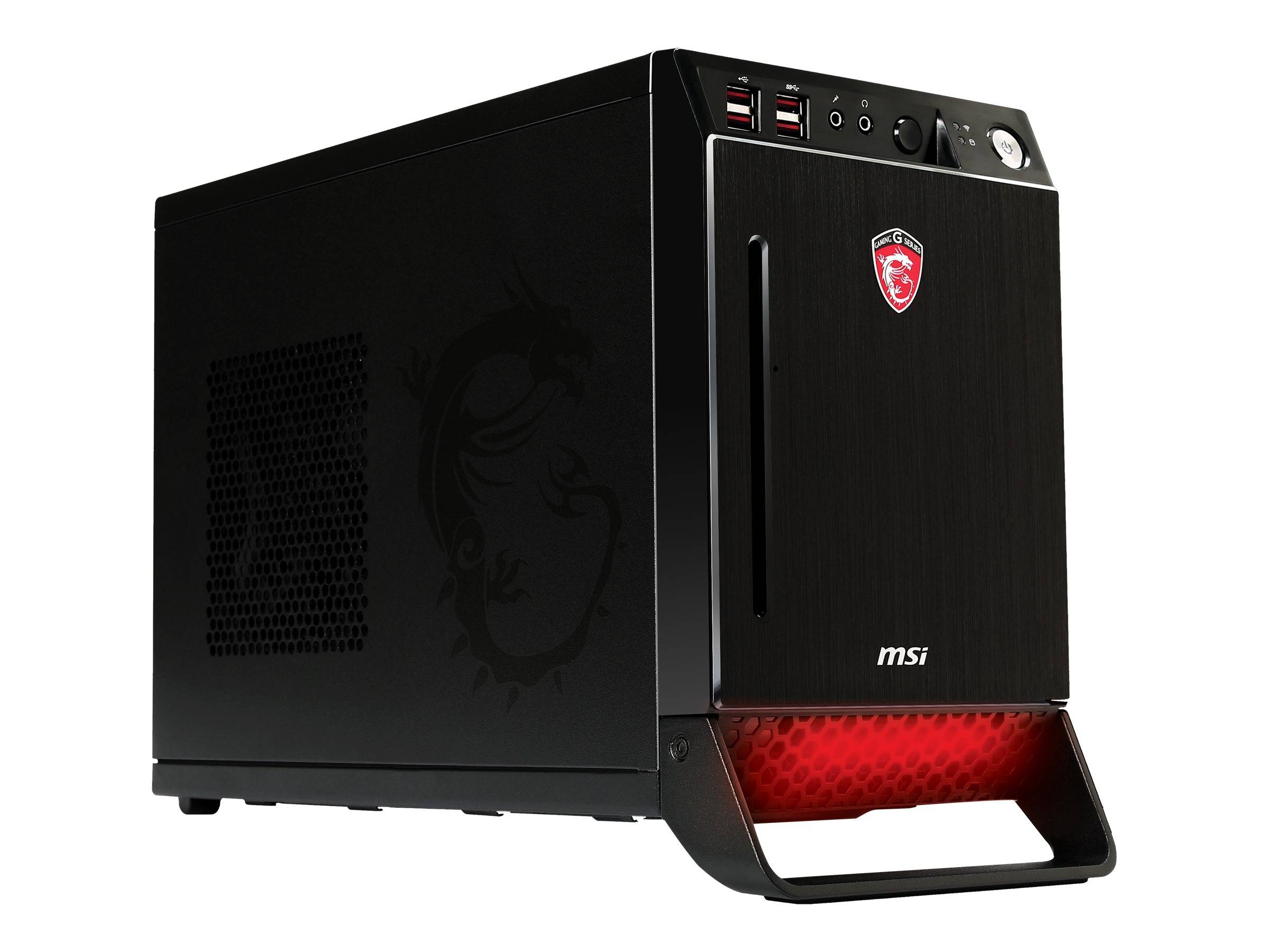 Schwarzer MSI-Desktop-PC-Tower mit vorderen USB-Anschlüssen, Stromschaltern und rot beleuchteter unterer Lüftungsöffnung auf weißem Hintergrund