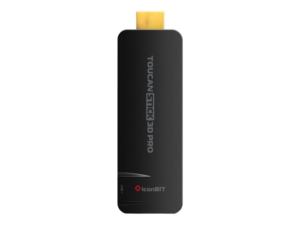Schwarzes IconBIT Toucan Stick 3D Pro HDMI-Streaming-Stick mit vergoldetem Anschluss auf weißem Hintergrund.