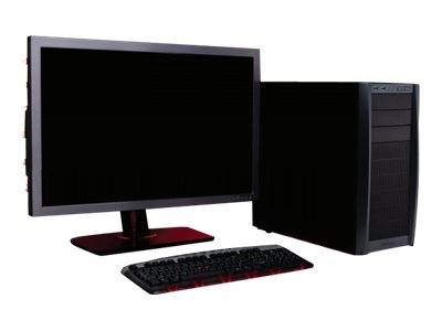 Desktop-Computer-Setup mit Monitor, Tower und Tastatur auf weißem Hintergrund.