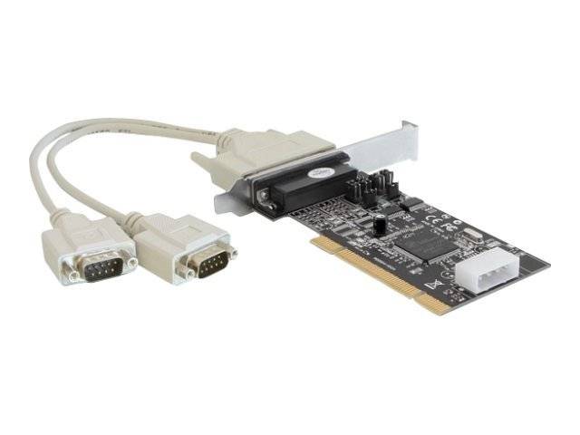 PCI-Erweiterungskarte mit zwei angebrachten DB9-Seriellsteckverbindern und einer Halterungsbefestigung, die verwendet wird, um Serielle Anschlüsse an einen Computer hinzuzufügen.