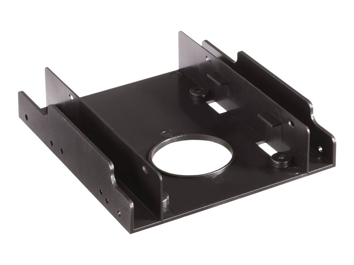 Schwarze Metall-Montageklammer mit Seitenschienen, einer großen kreisförmigen Aussparung und mehreren Schraubenlöchern, dargestellt vor weißem Hintergrund.