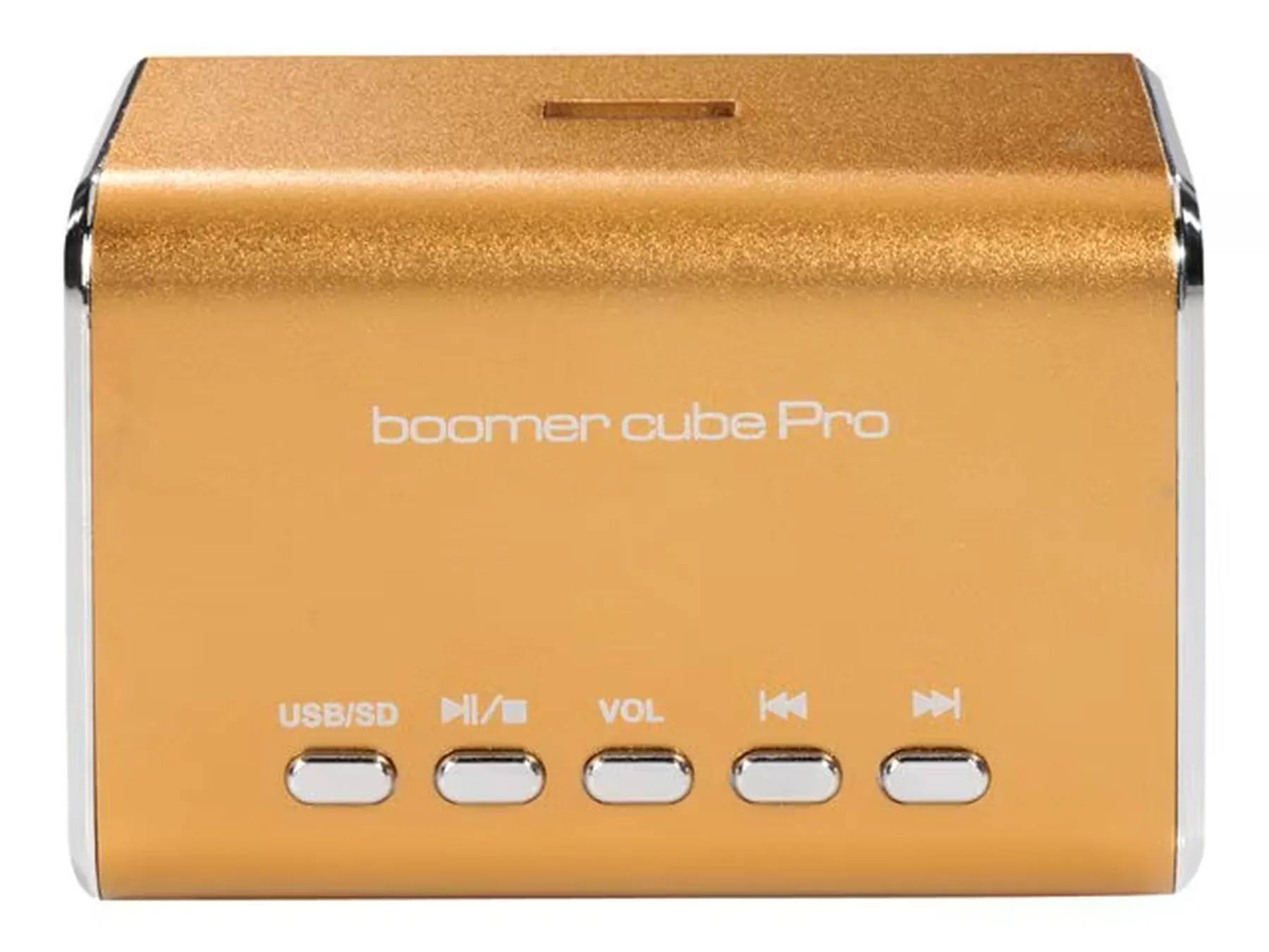 Orange Boomer Cube Pro tragbarer Lautsprecher mit vorderen Steuertasten für USB/SD, Wiedergabe/Pause, Lautstärke und Titelvsprung.
